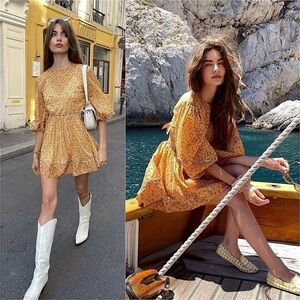 NWT‎ MAJE Floral Organic Cotton Puff Long Sleeve Tie Back Cutout Flare Dress XS